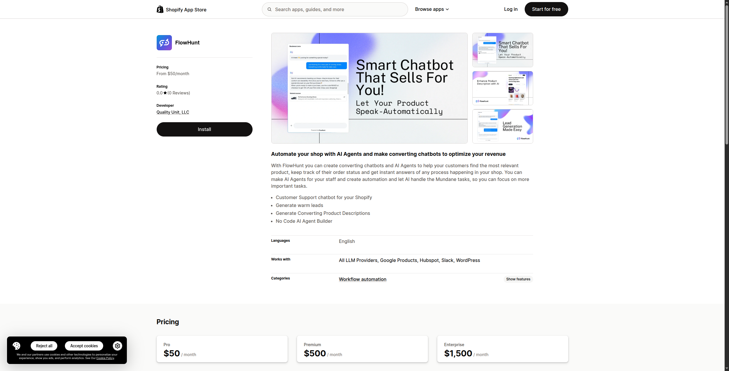 FlowHunt app listing on the Shopify App Store with the Add app button