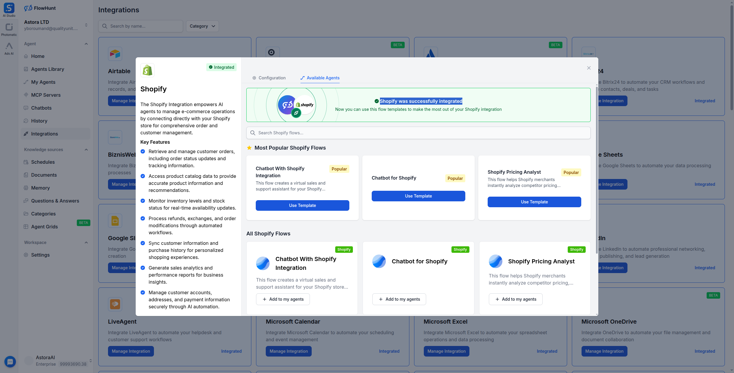 FlowHunt Shopify integration successfully connected