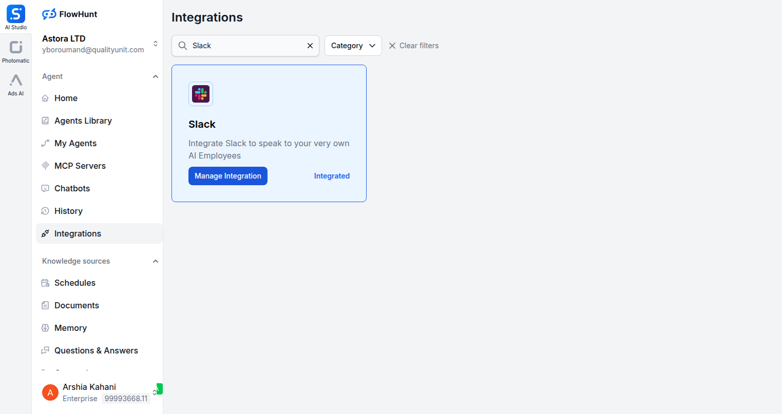 FlowHunt integrations page showing Slack