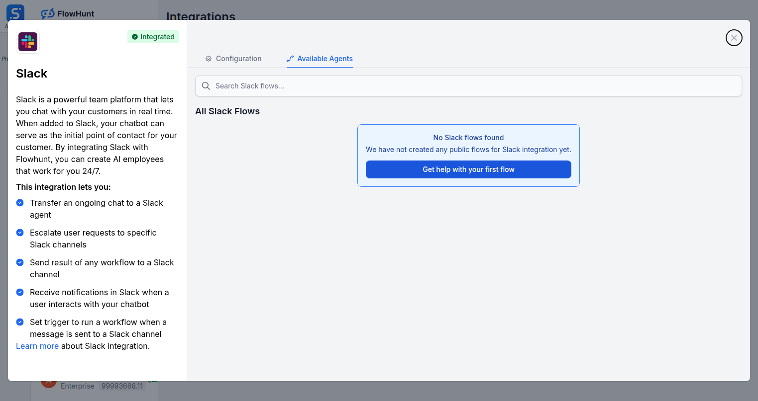 Available agents tab showing Slack flows