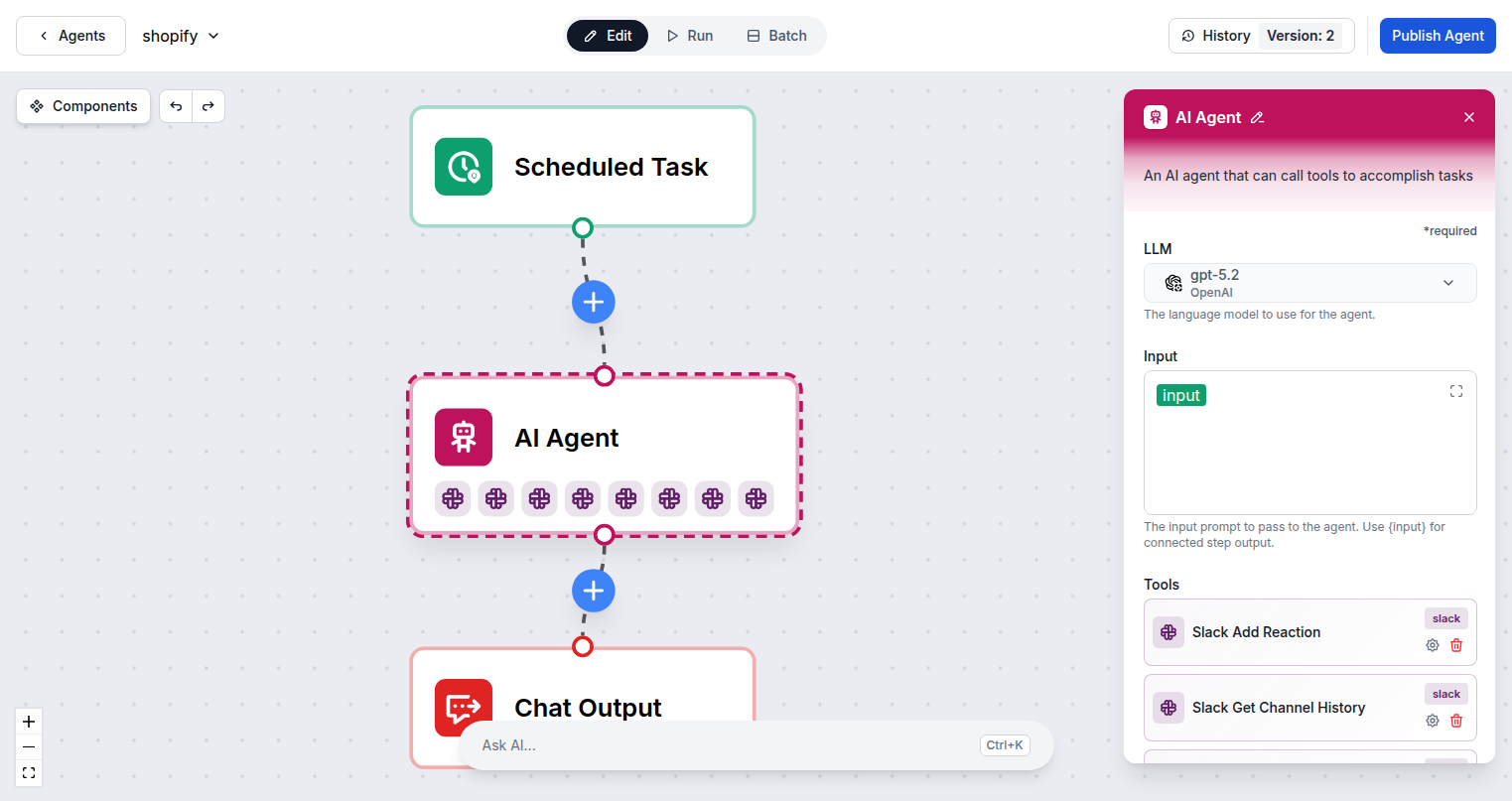 Slack tools loaded in FlowHunt AI Agent