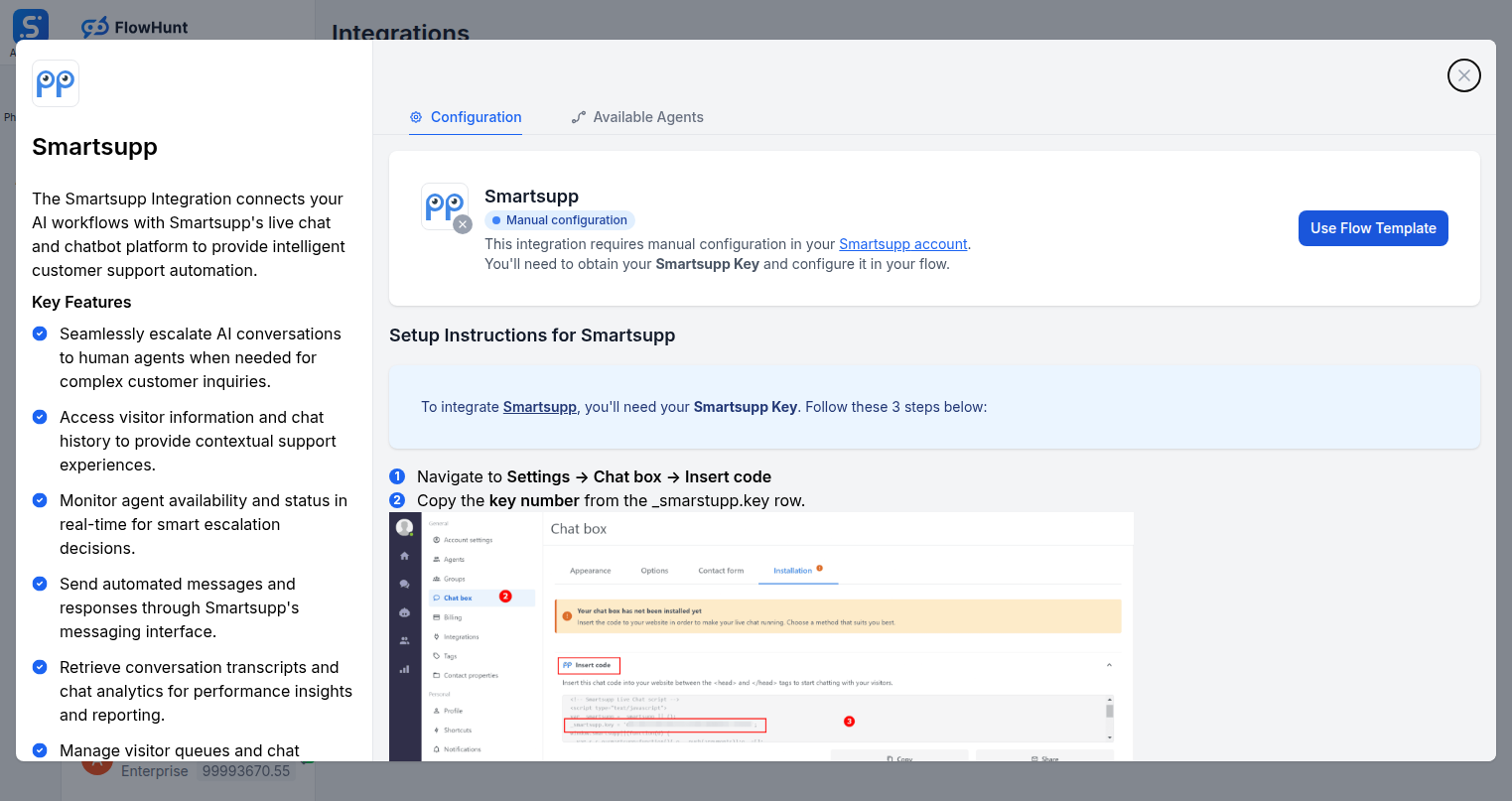Smartsupp integration configuration tab in FlowHunt