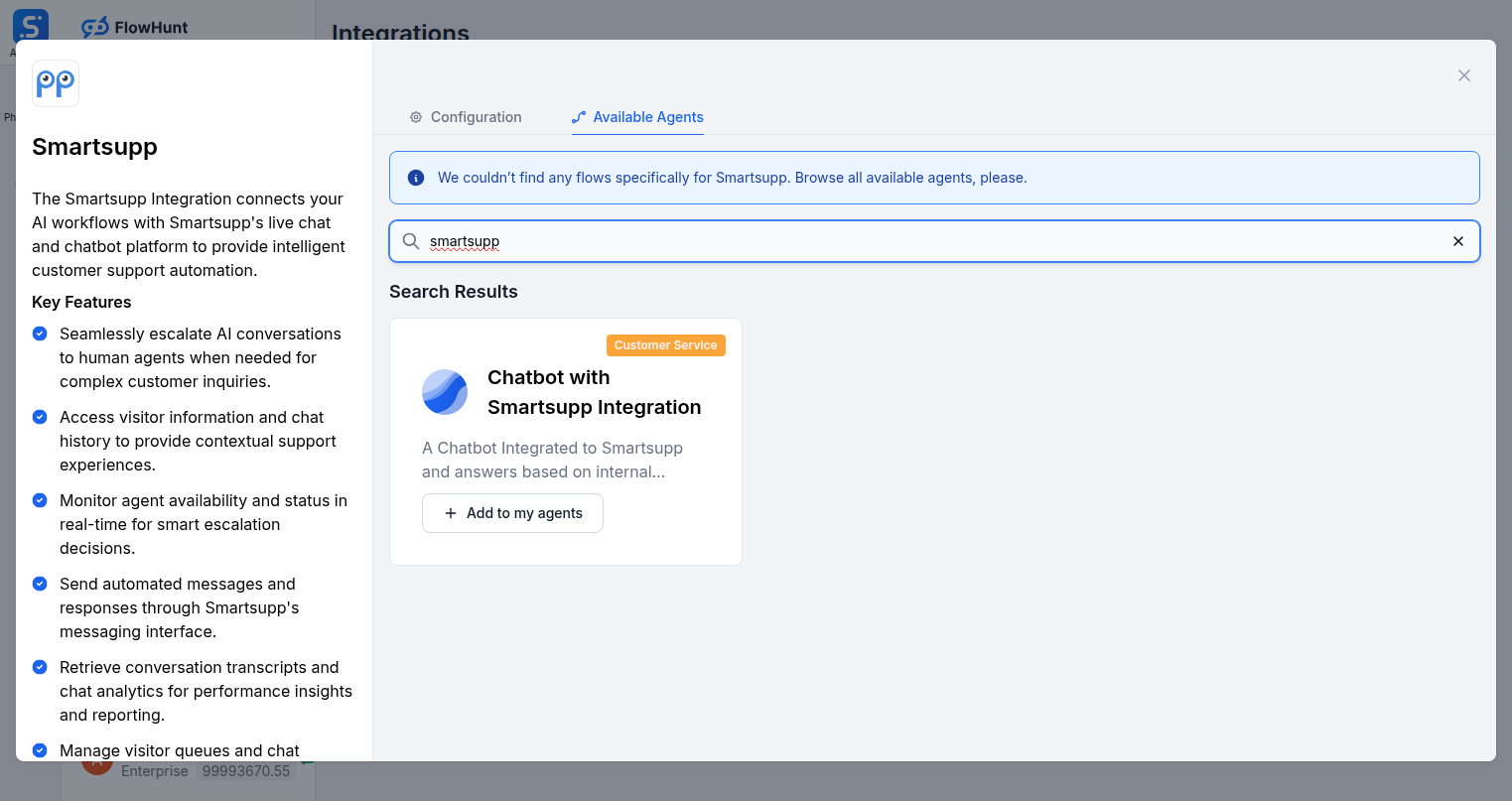Available Agents tab showing Smartsupp flows in FlowHunt