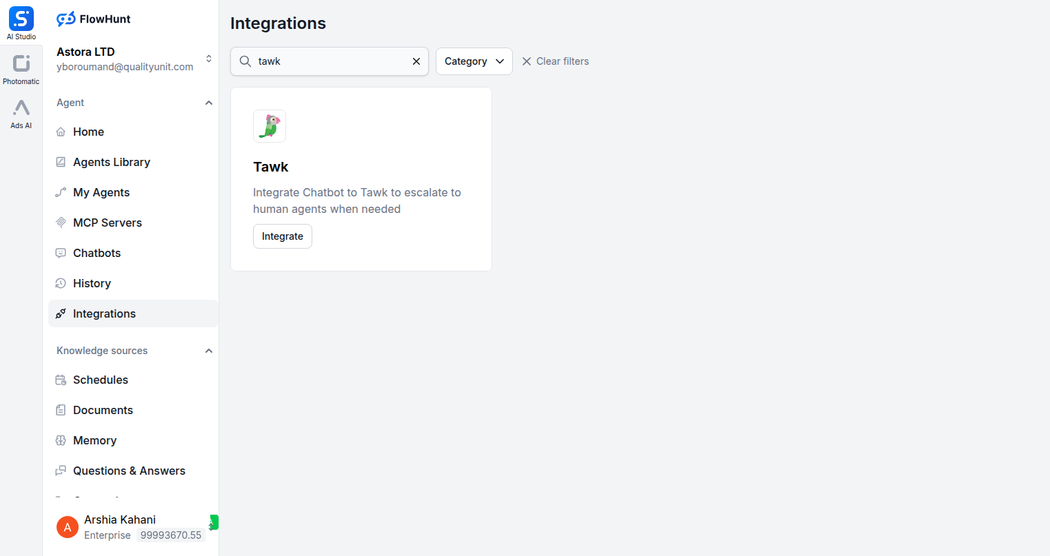 FlowHunt integrations page showing Tawk