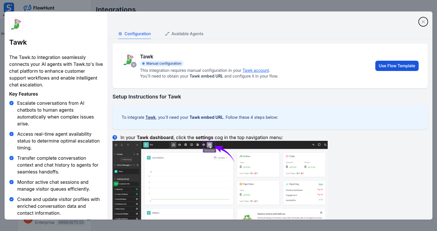Tawk integration configuration tab in FlowHunt