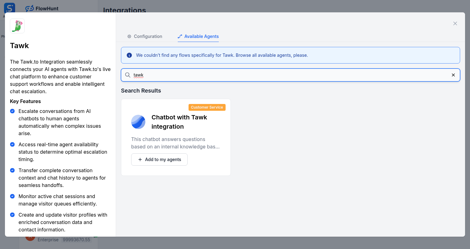 Available Agents tab showing Tawk flows in FlowHunt