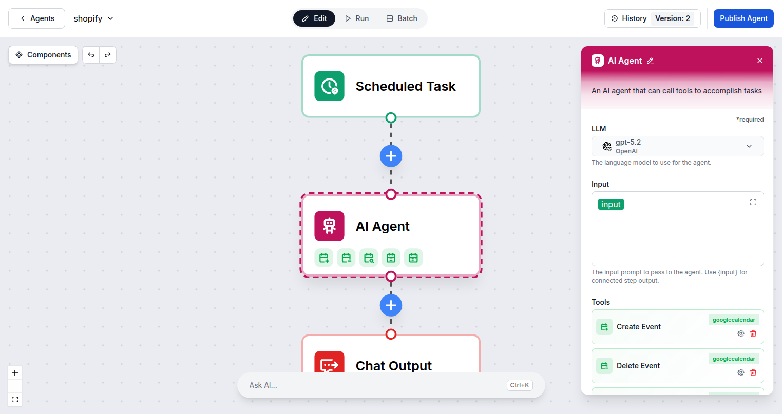 AI Agent configured with WordPress tools