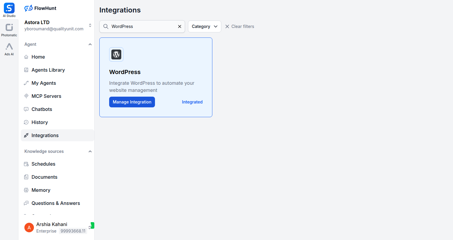 FlowHunt integrations page showing WordPress