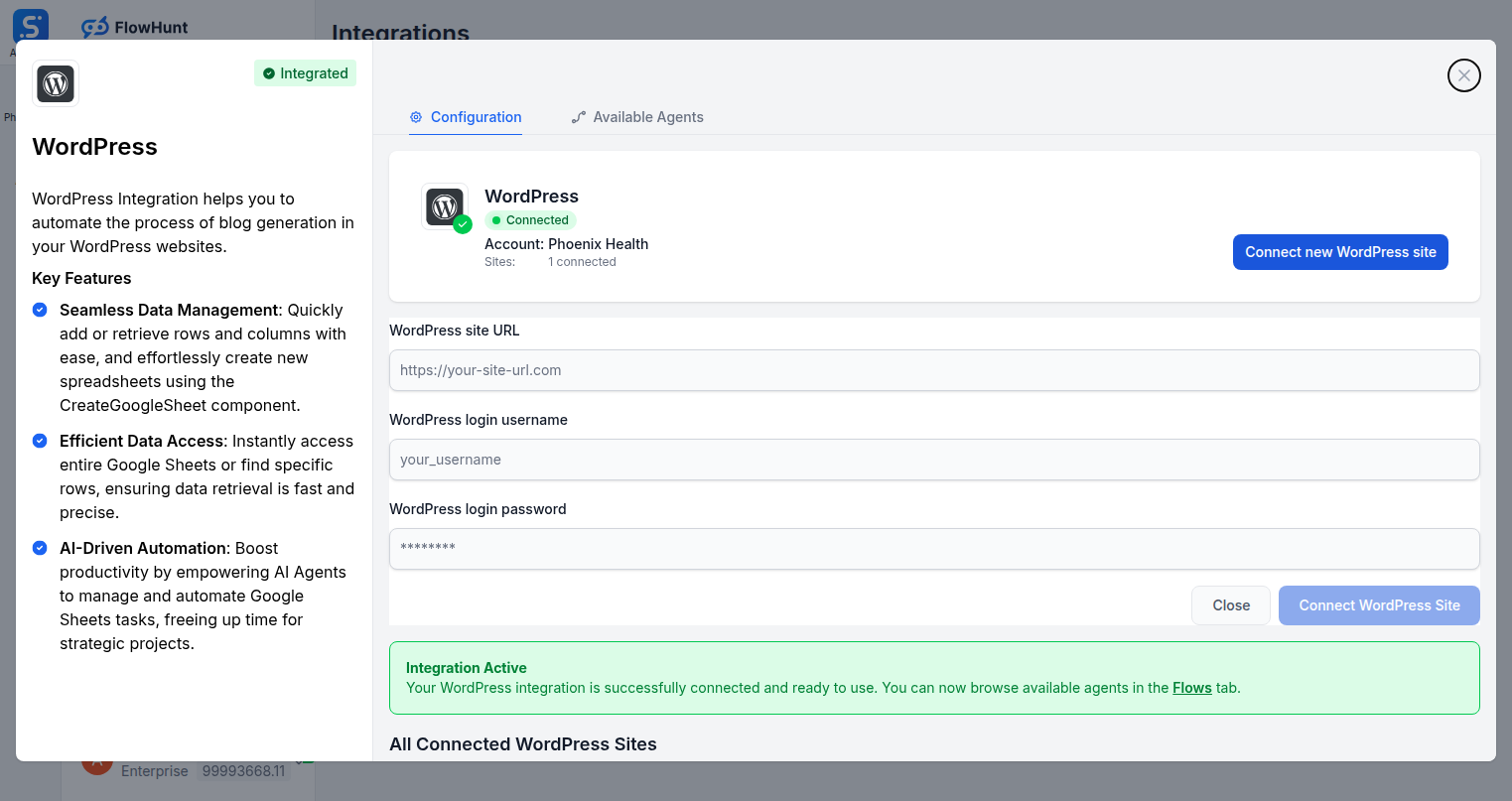 WordPress connection form in FlowHunt