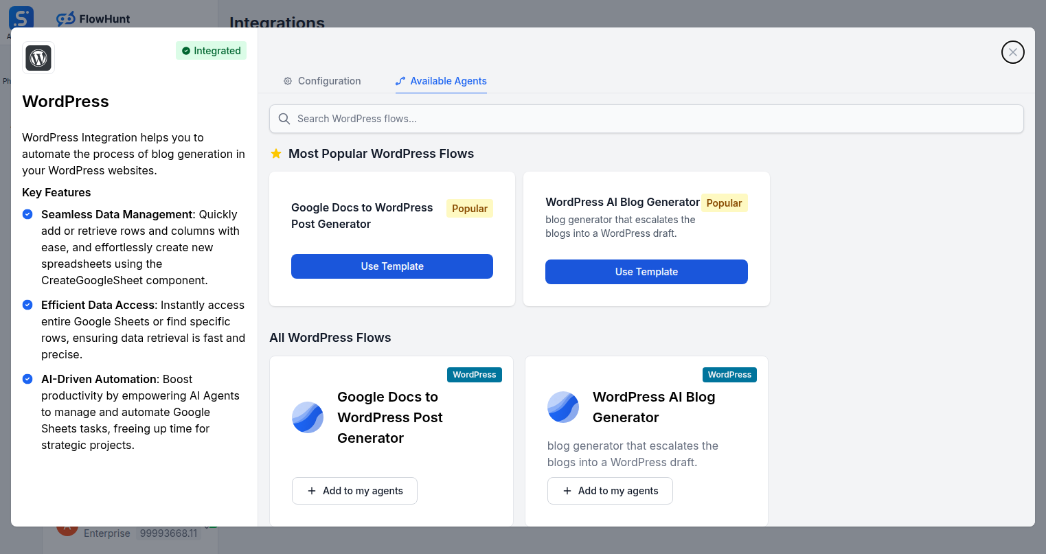 Available agents tab showing WordPress flows