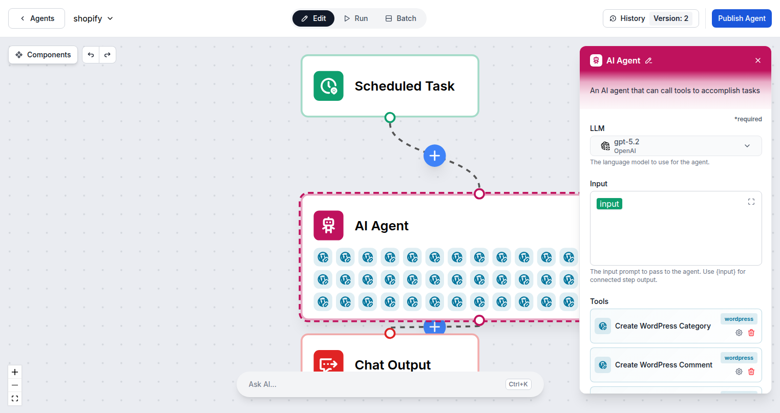 WordPress tools loaded in FlowHunt AI Agent
