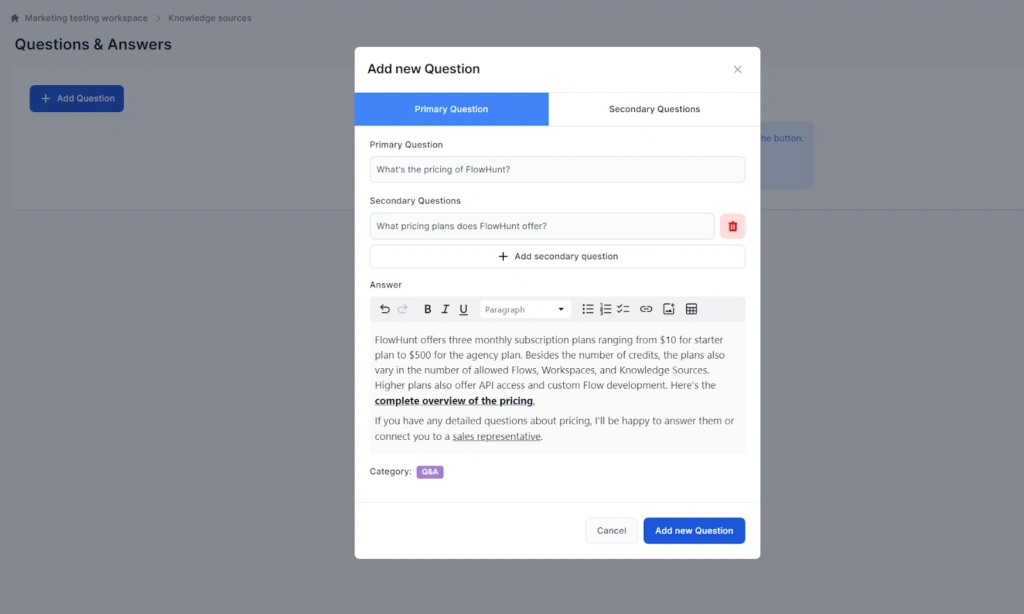 FlowHunt Questions & Answers feature