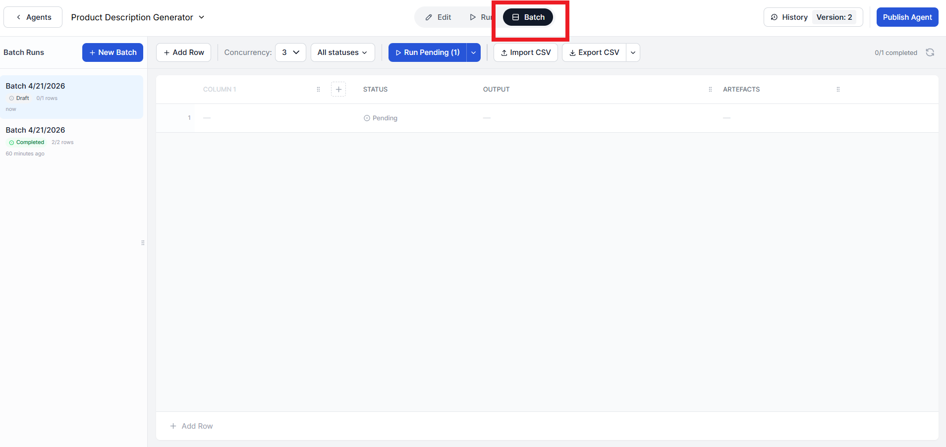 فتح تشغيلات الدُفعات من الشريط العلوي لمحرر flow