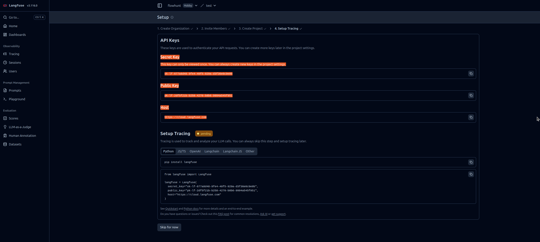 Langfuse API 키 생성