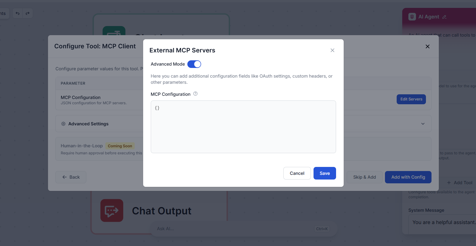 تكوين MCP المتقدم مع محرر JSON للرؤوس المخصصة و OAuth