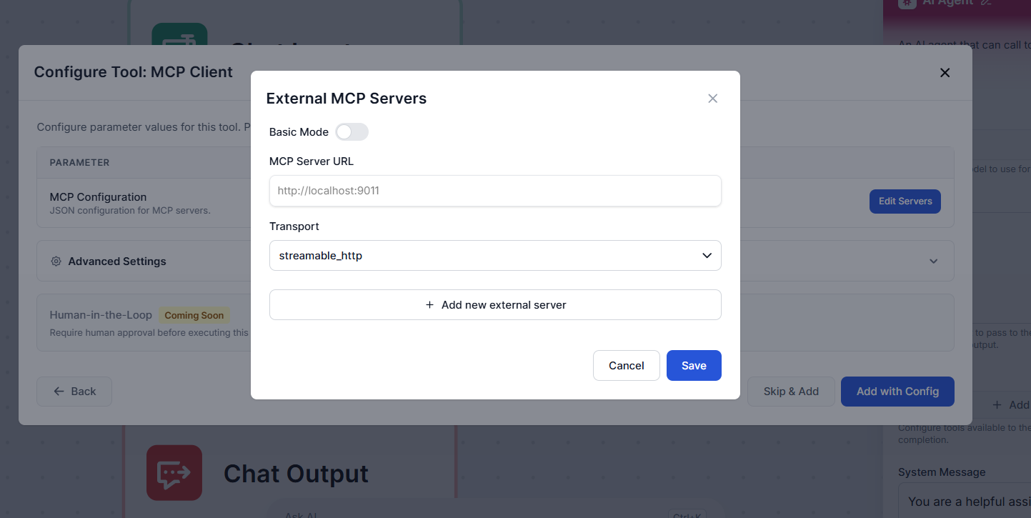 إدخال URL خادم MCP وطريقة النقل