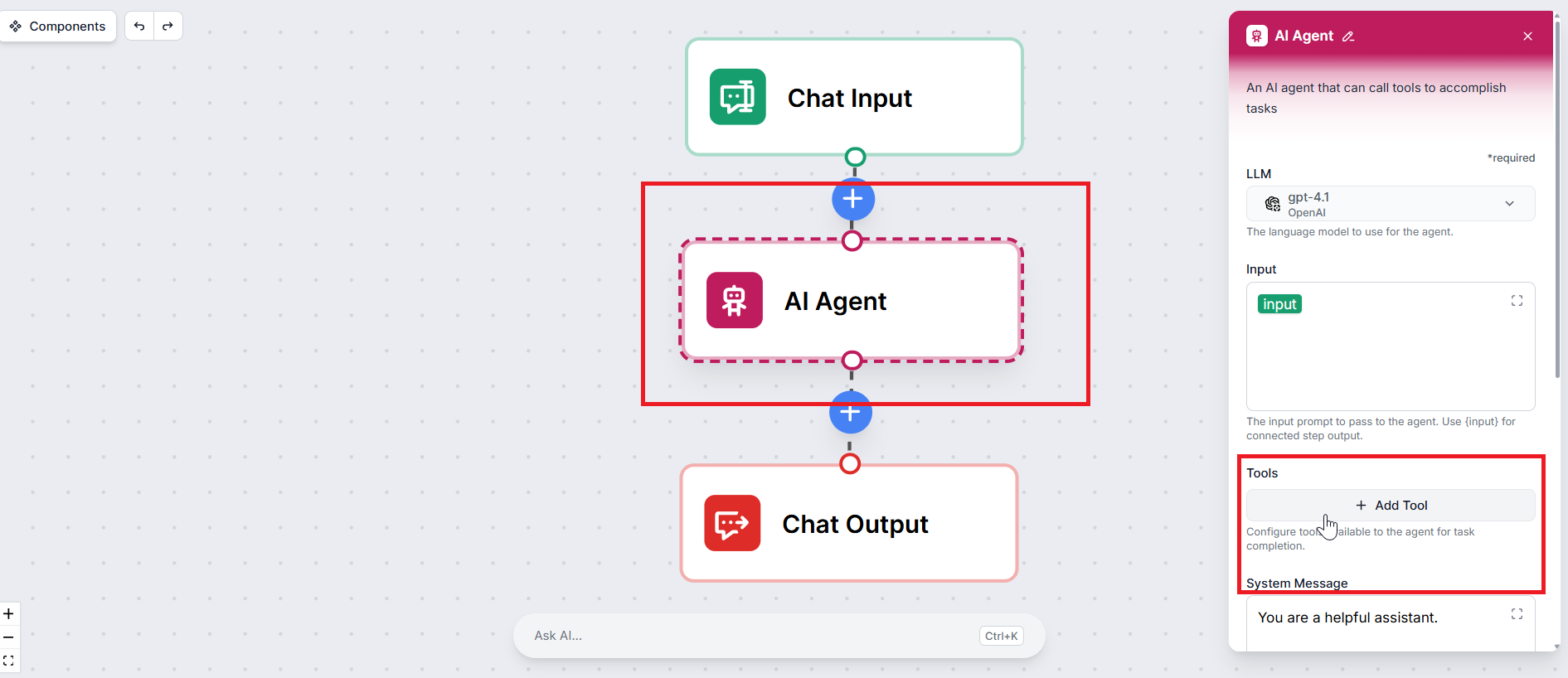 فتح إعدادات وكيل الذكاء الاصطناعي في محرر flow الخاص بـ FlowHunt