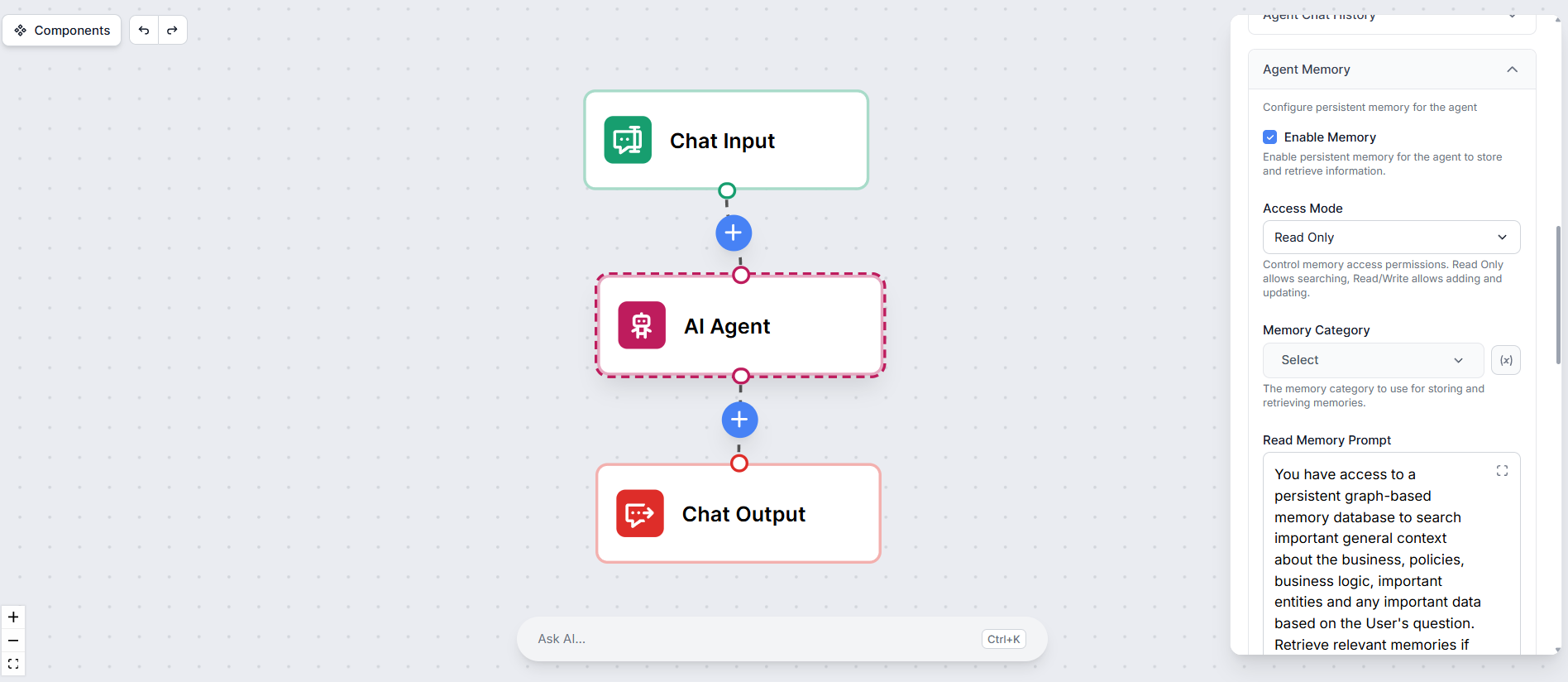إعدادات ذاكرة الوكيل في محرر flow لـ FlowHunt