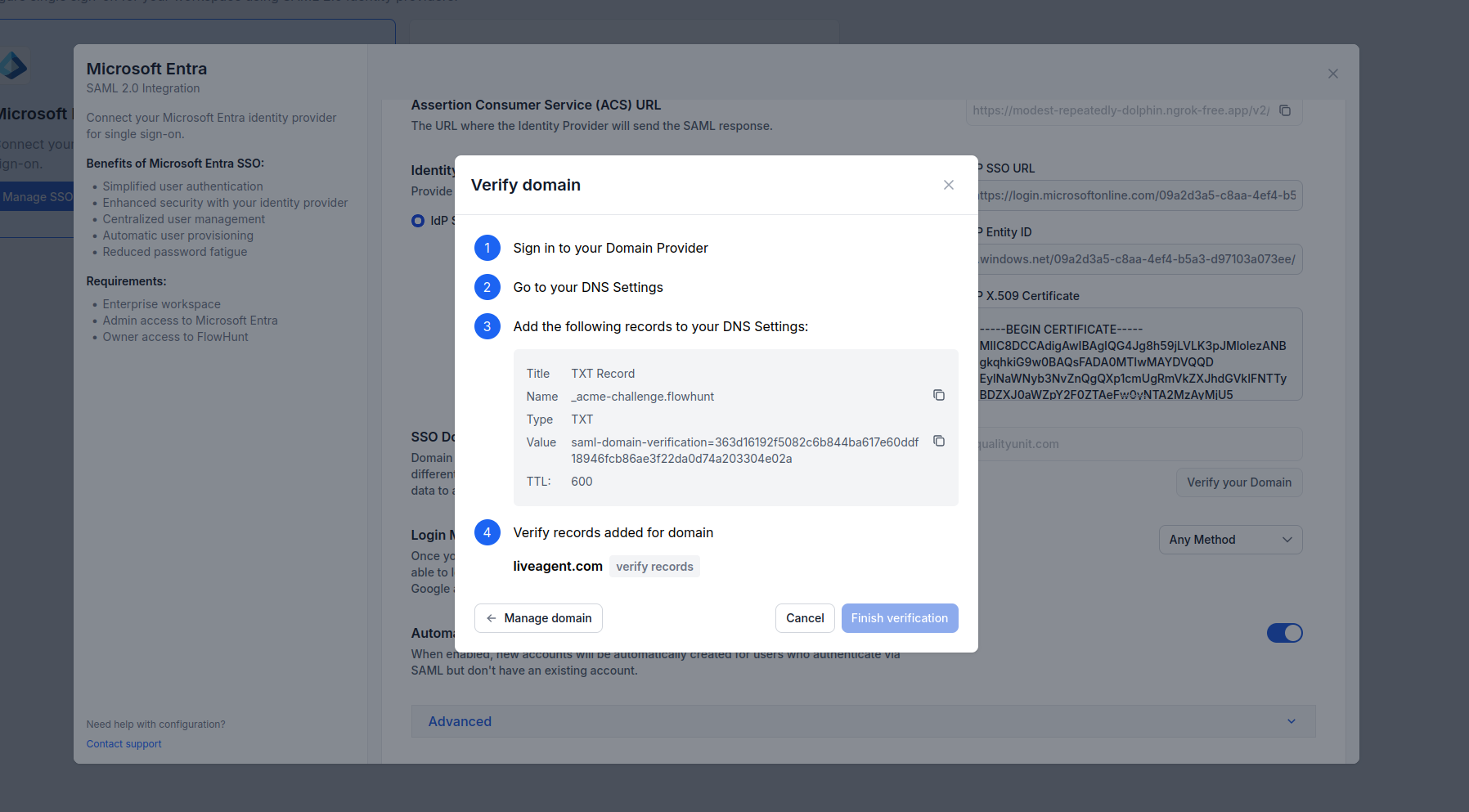 FlowHunt SSO Settings