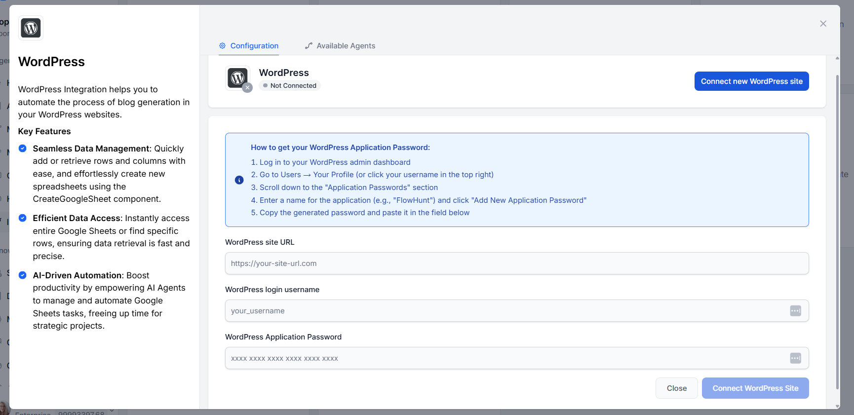 Schermata di integrazione WordPress in FlowHunt che richiede URL del sito, nome utente e password applicazione