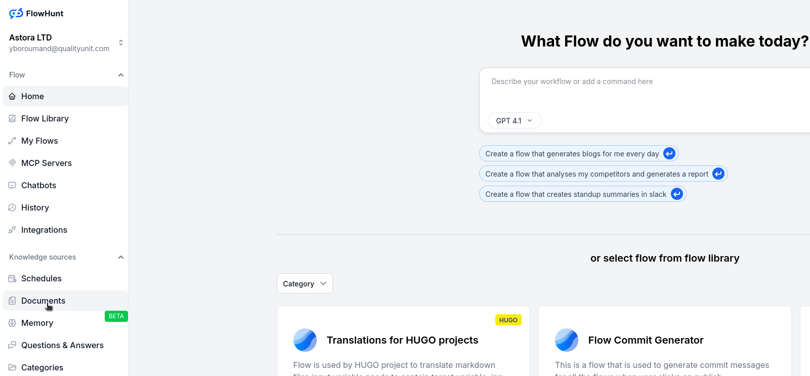 FlowHunt Documents tab with Add Document button