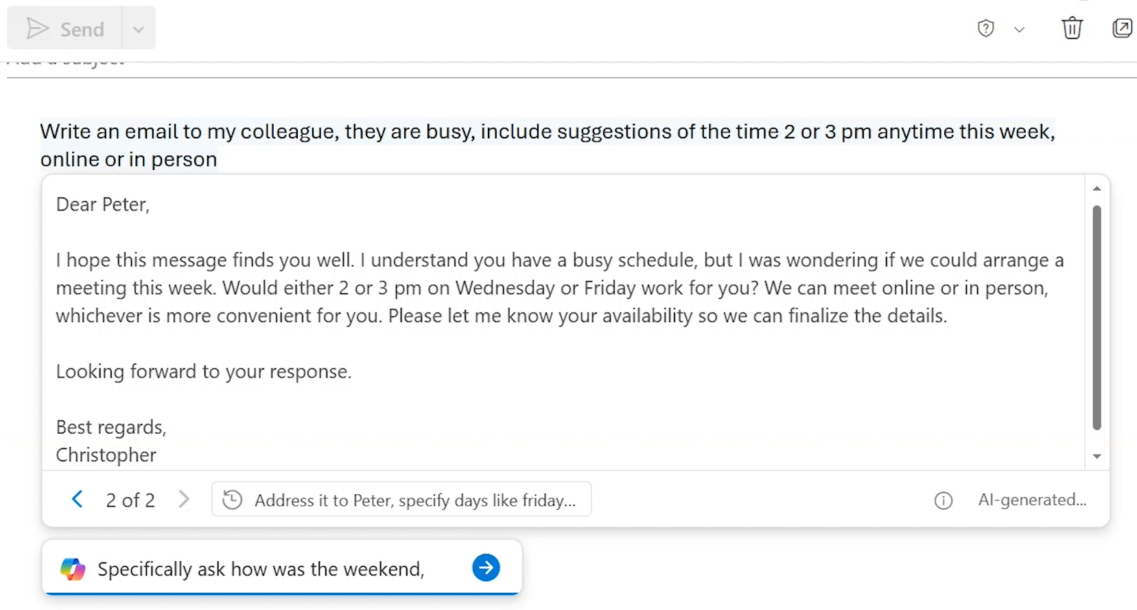 Outlook のインライン下書き例