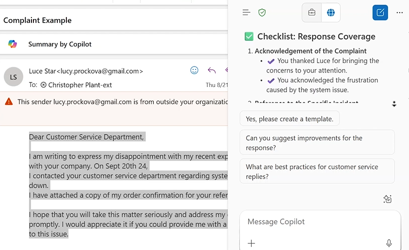 Copilot サイドバーでのカバレッジチェックリスト