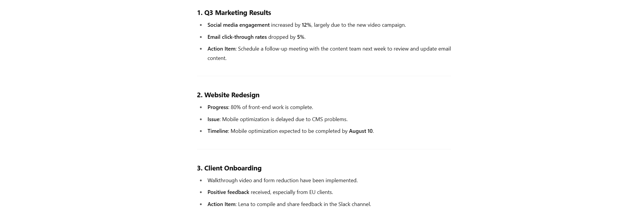 Screenshot of AI-generated meeting summary output