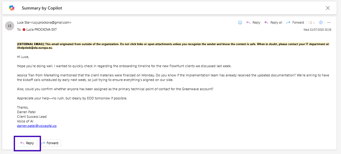 Screenshot of the Copilot reply button highlighted in Outlook’s toolbar above an open email message.