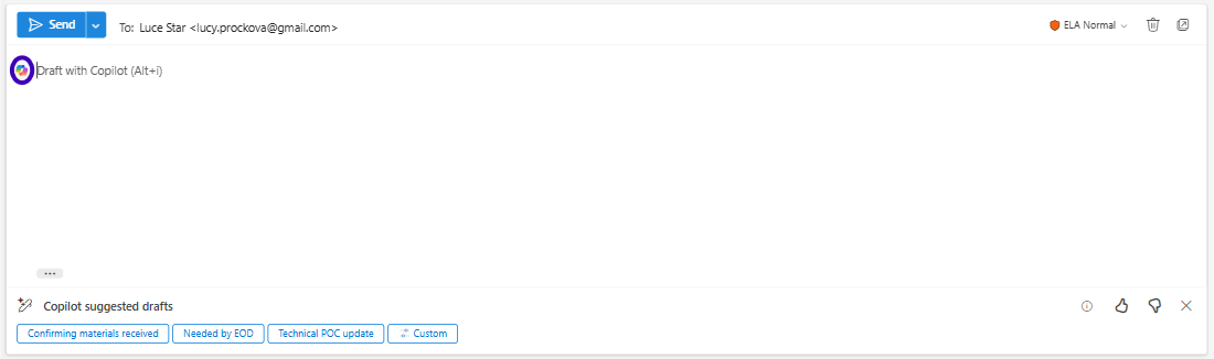 Screenshot of Outlook showing the Copilot side panel with an AI-generated reply displayed.