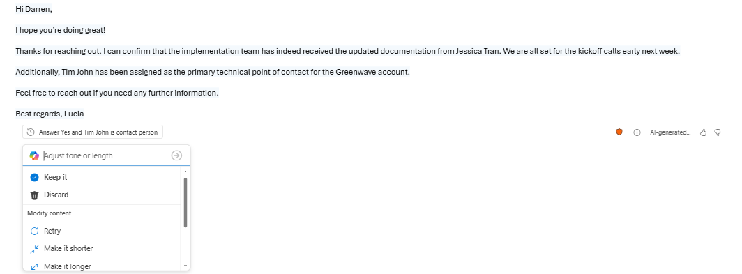 Screenshot of Copilot panel with options to adjust tone and a prompt input for further changes.