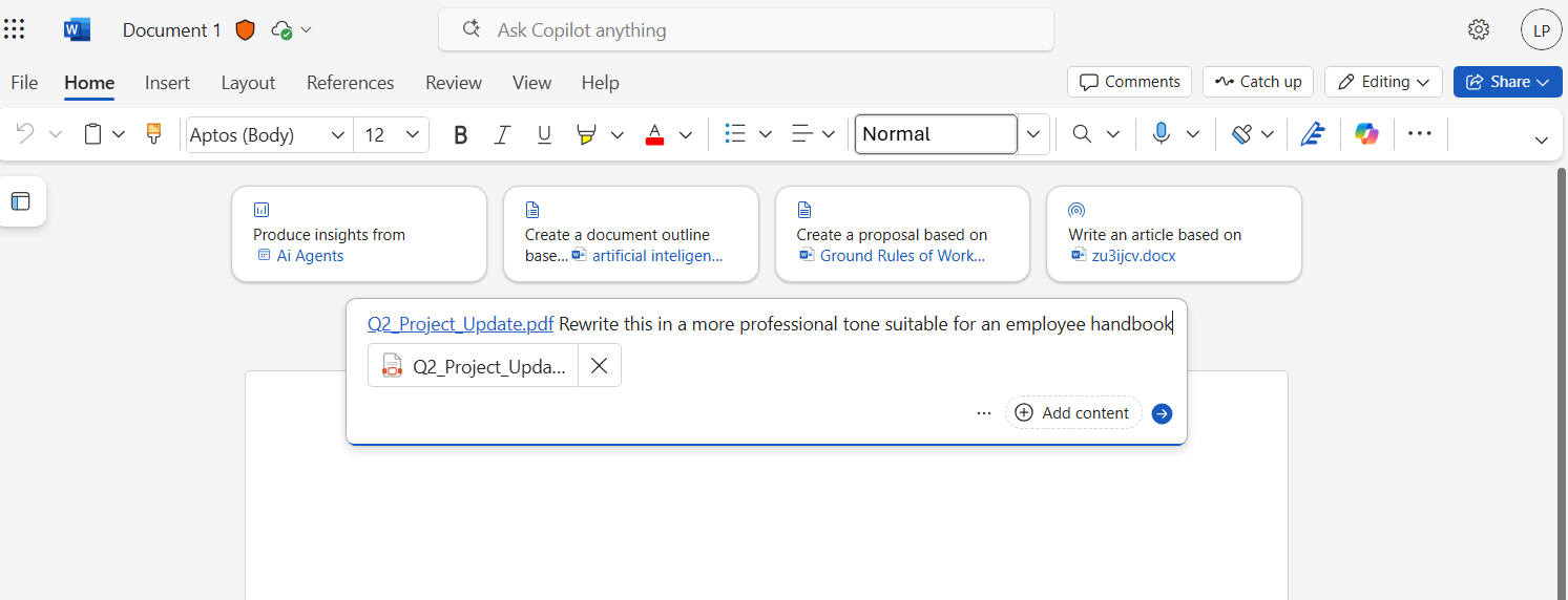 Copilot in Word showing rewrite suggestions