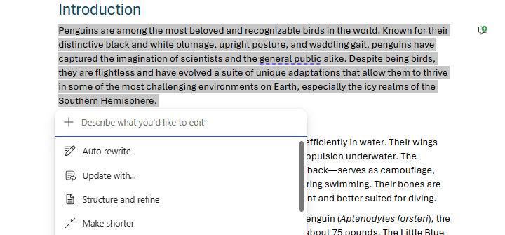 Menu des actions en ligne Copilot dans Word