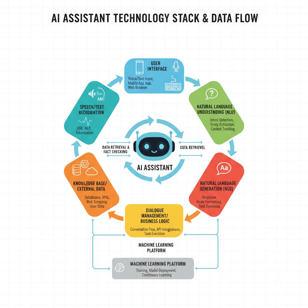 Diagram der viser AI-assistentens teknologistak og dataflow