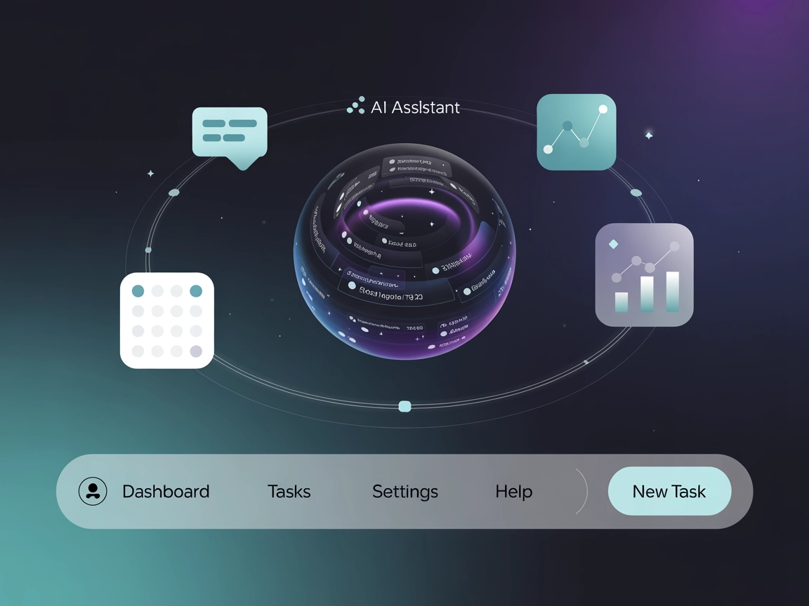Moderne AI-assistent interface med forskellige opgaveikoner flydende omkring