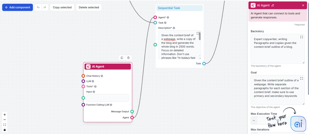 Un agent IA rédacteur connecté à une tâche d’écriture dans FlowHunt