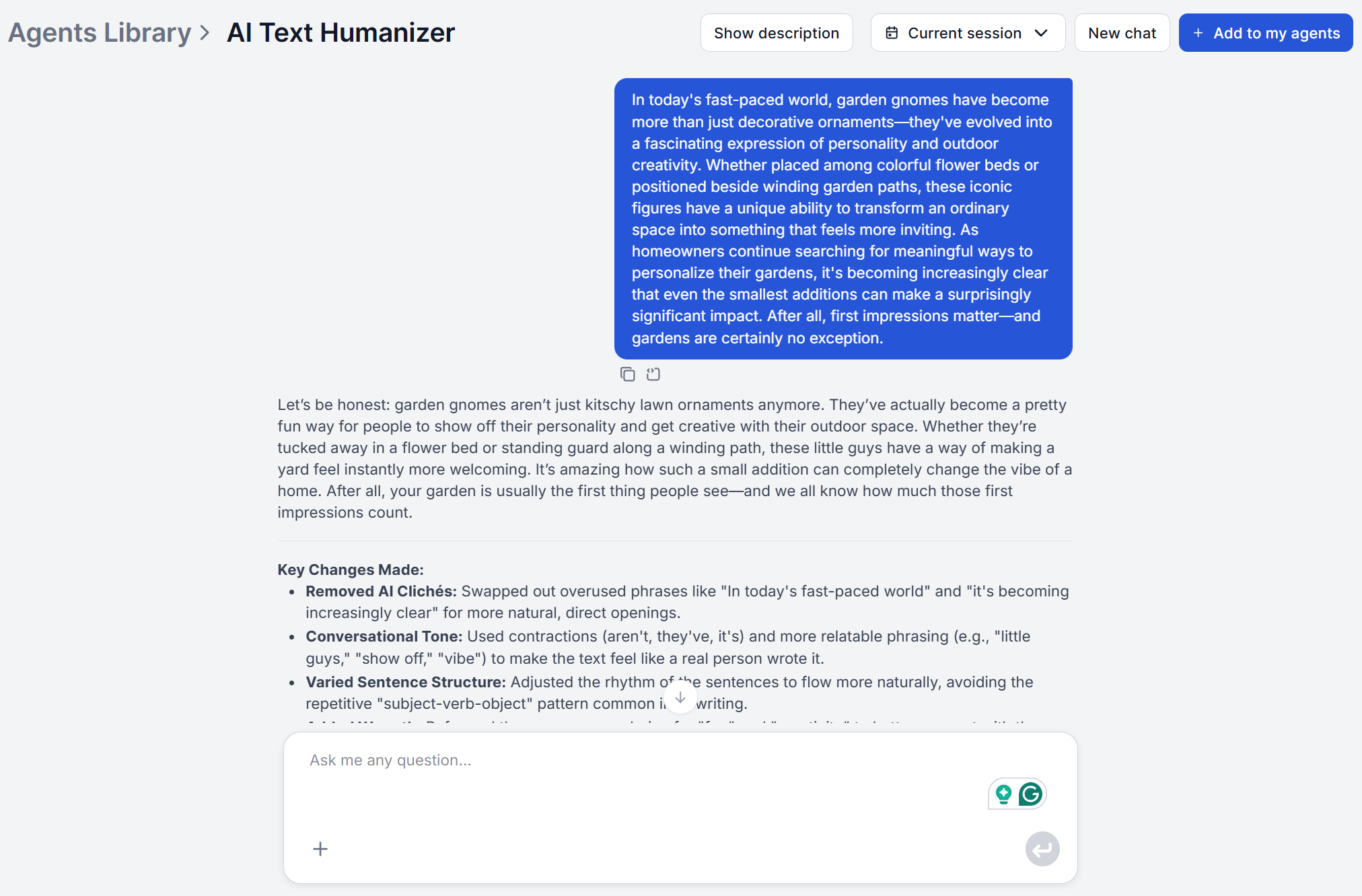 AI Text Humanizer output results in FlowHunt