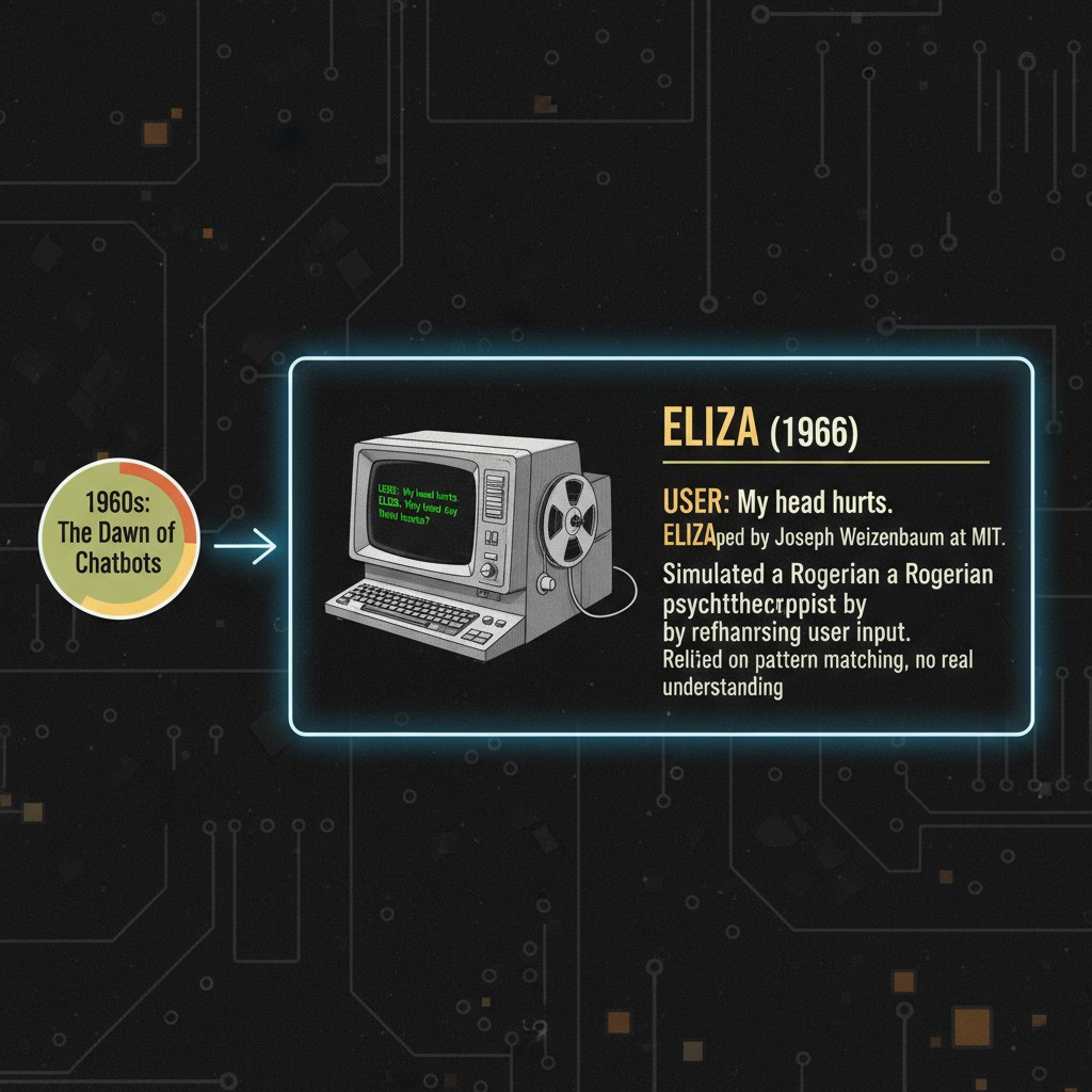 Tidslinje der viser udviklingen fra simple chatbots til avancerede AI-assistenter