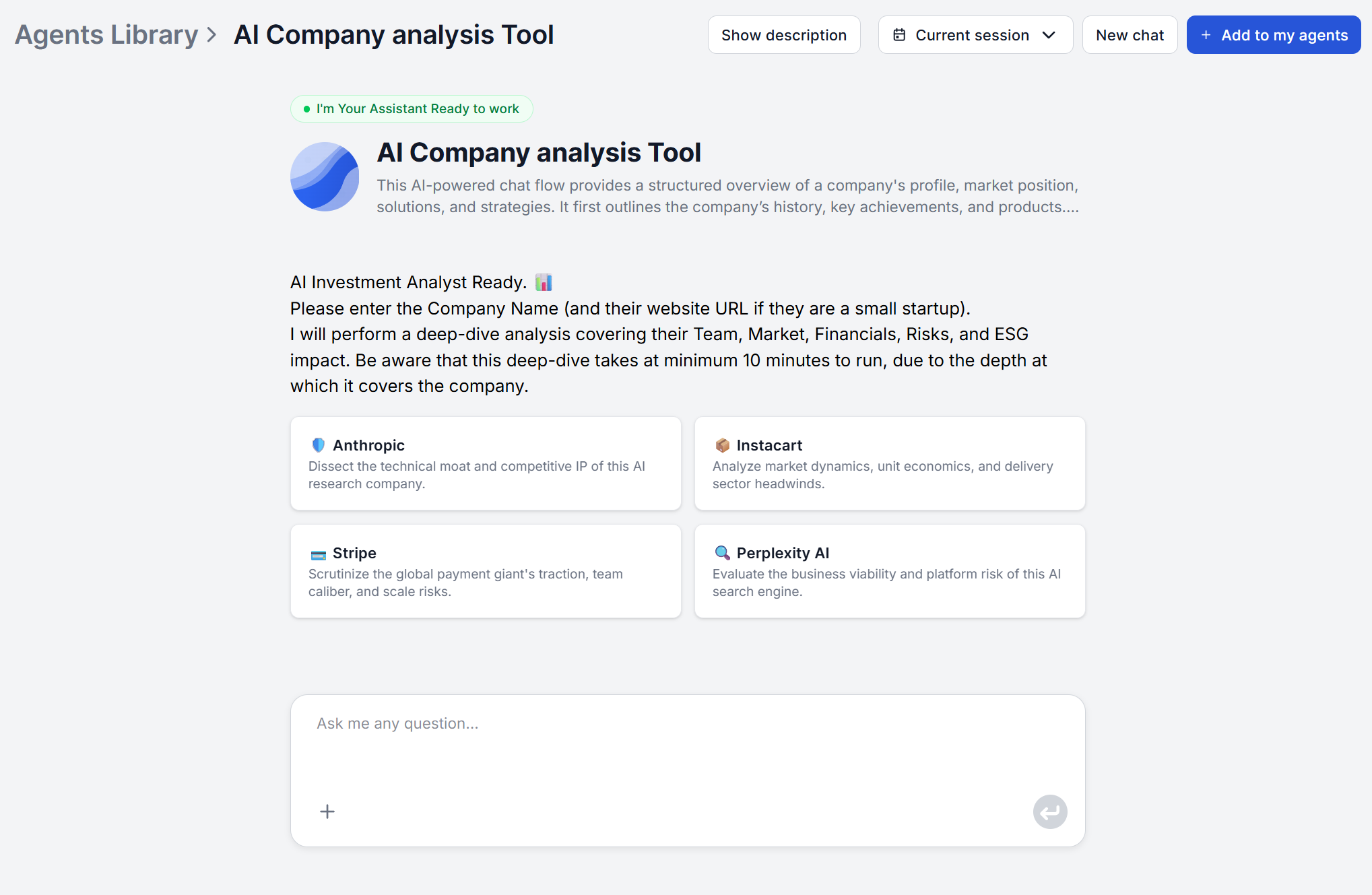 Company Analysis Agent card shown in the FlowHunt agent library