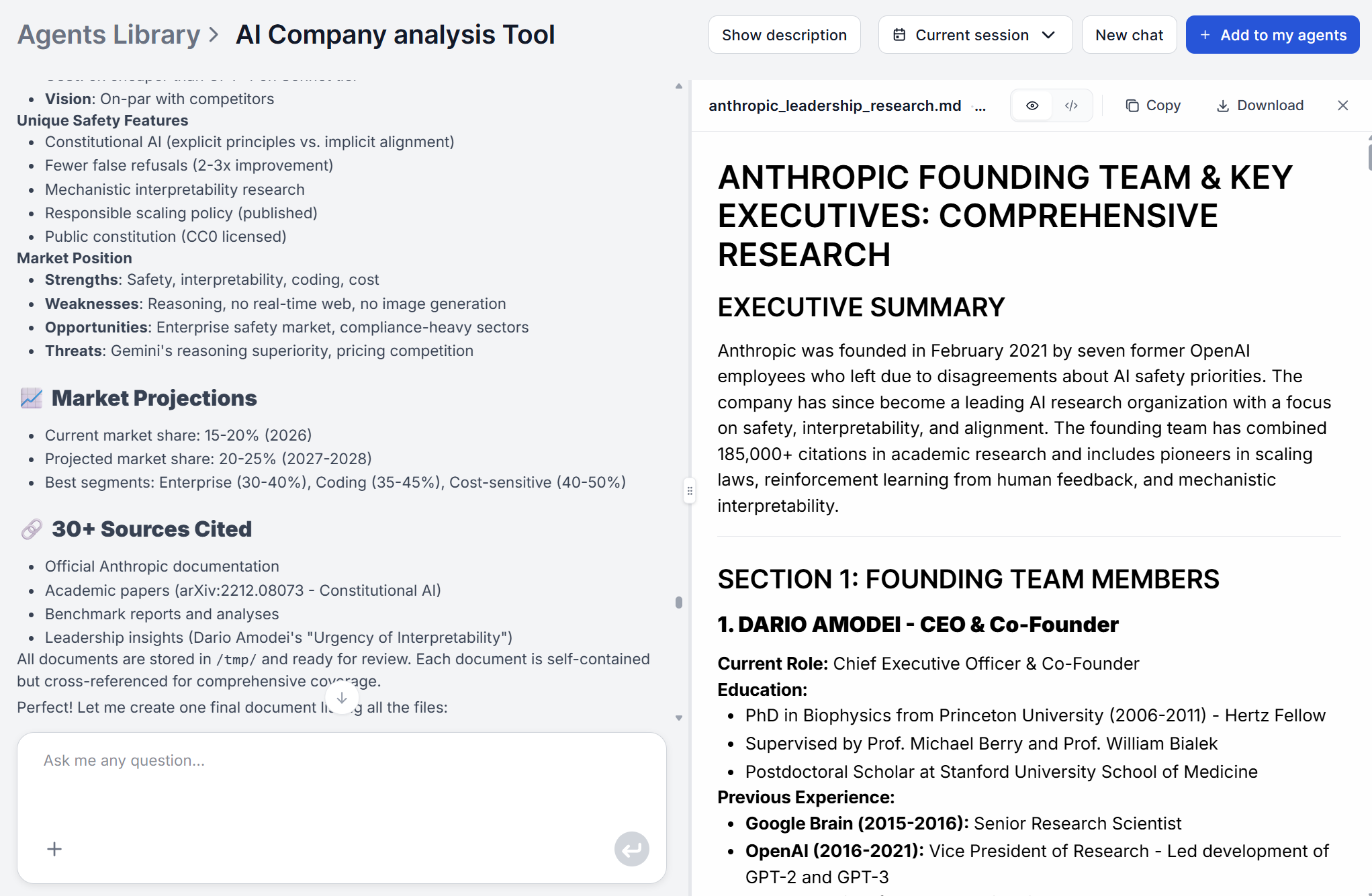 Company Analysis Agent results page showing the company overview section