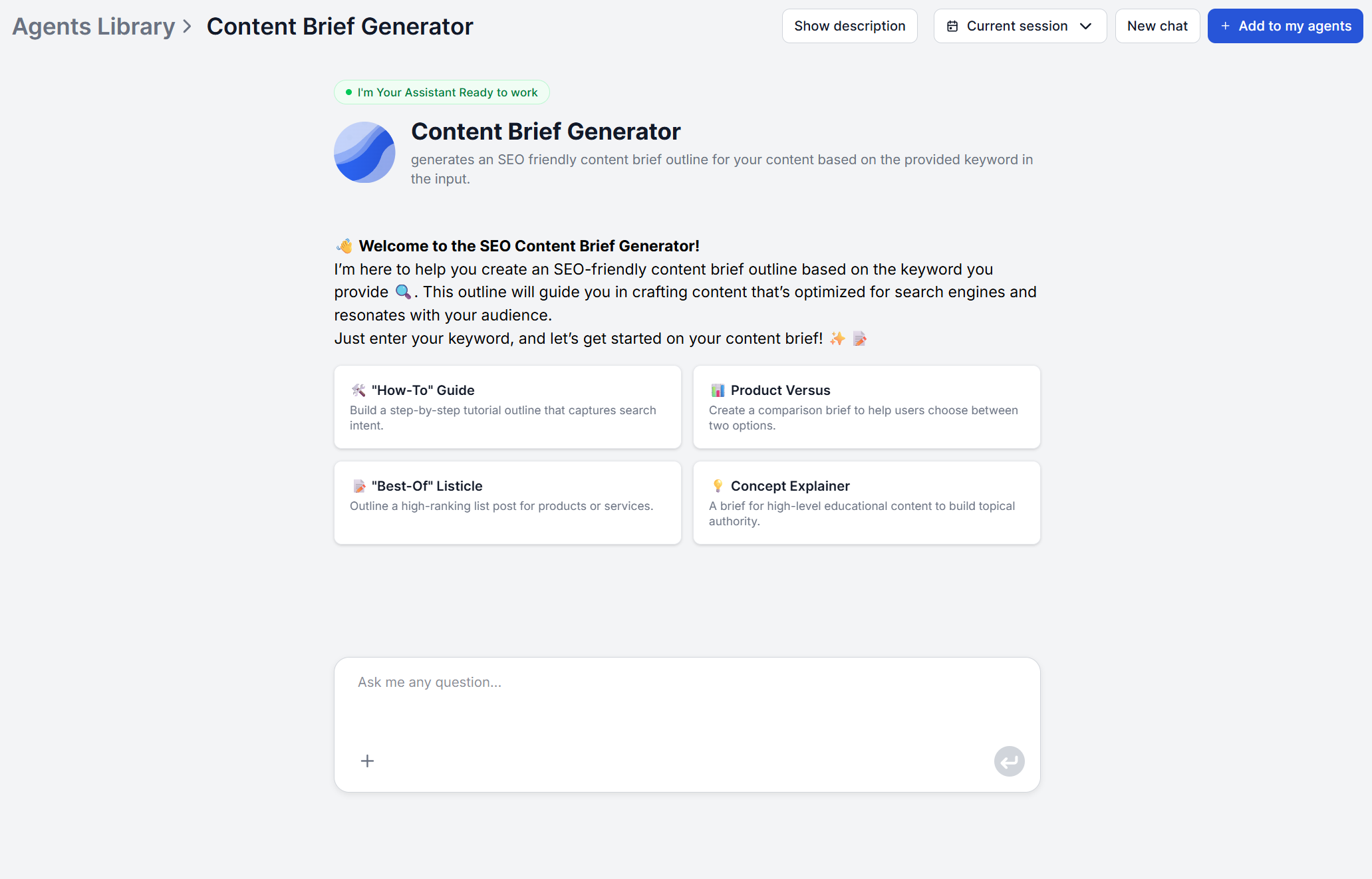 FlowHunt Content Brief Generator listed in the Agent Library before running it