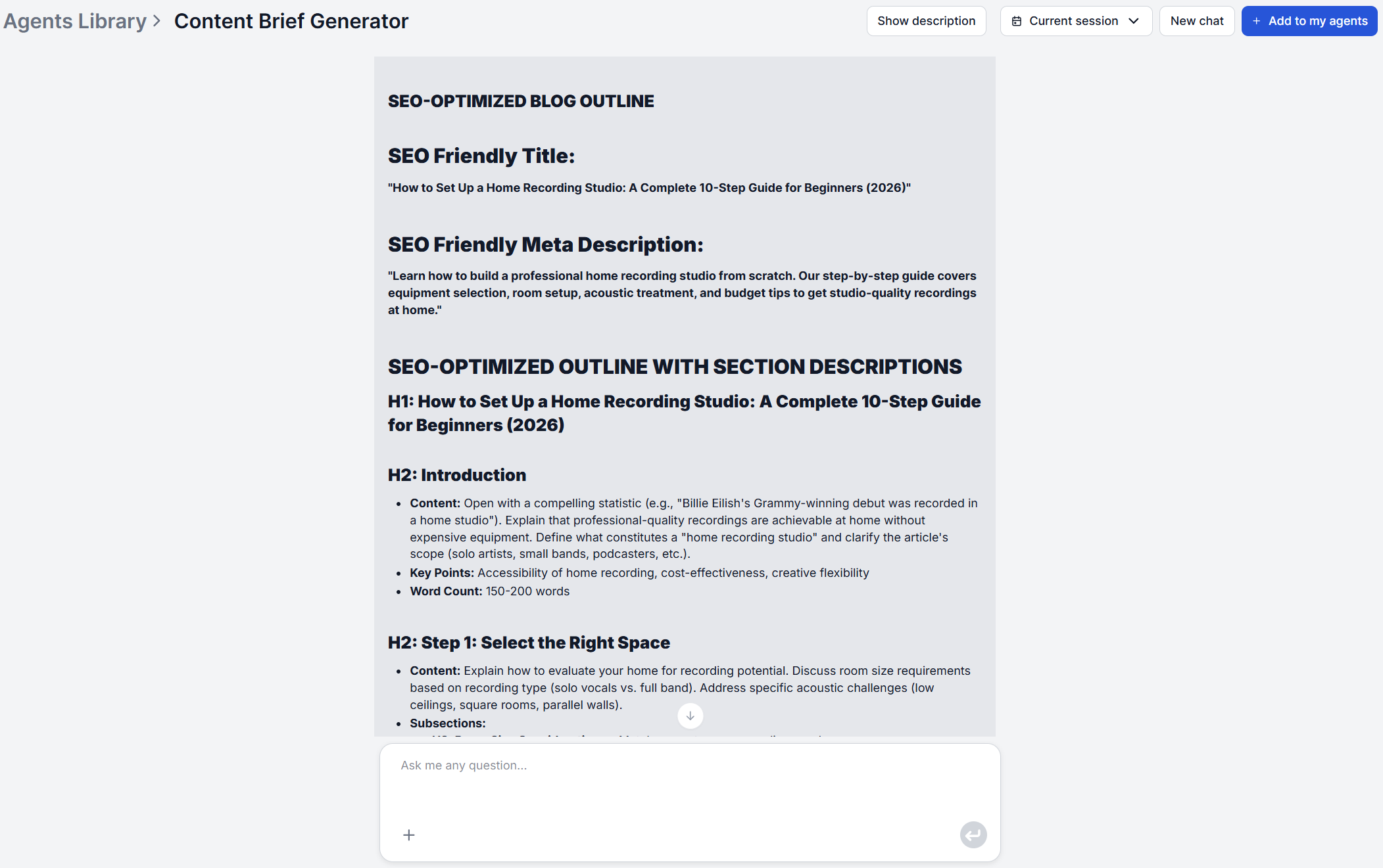 Finished output from FlowHunt's Content Brief Generator, showing the title, meta description, and outline