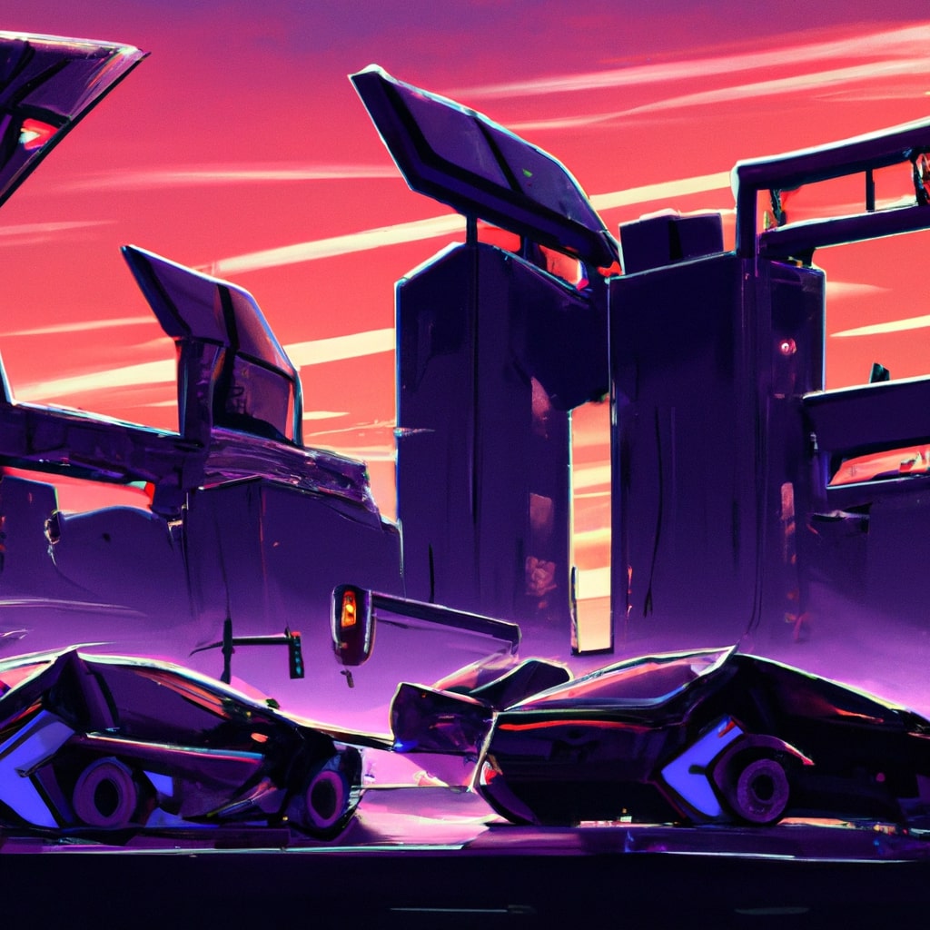 A futuristic cityscape with flying cars at sunset in cyberpunk comic book style by DALL-E 2
