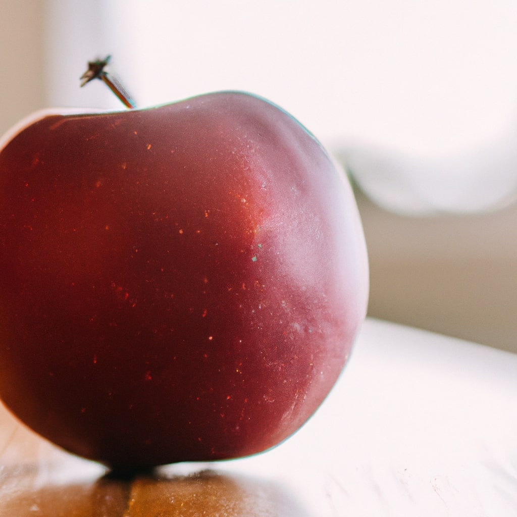 A red apple on a wooden table by DALL-E 2