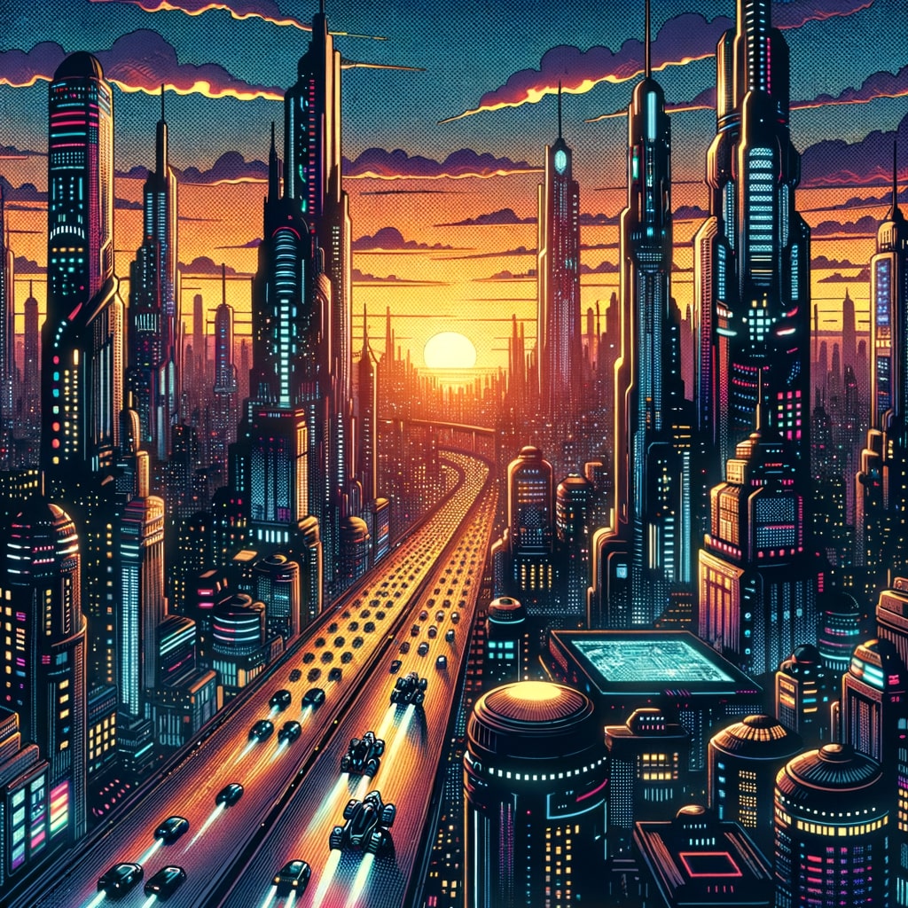 A futuristic cityscape with flying cars at sunset in the style of a cyberpunk comic book generated by DALL-E 3