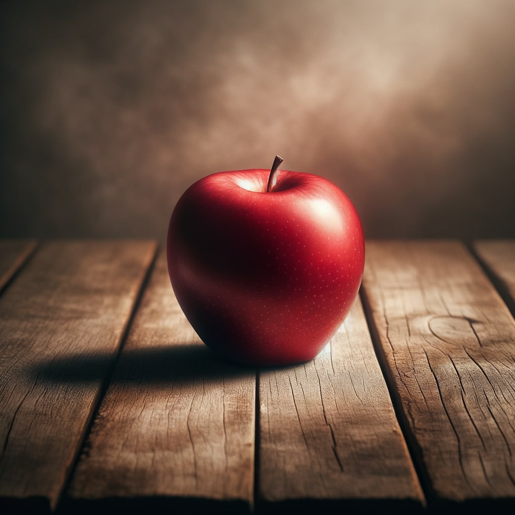 A red apple on a wooden table generated by DALL-E 3
