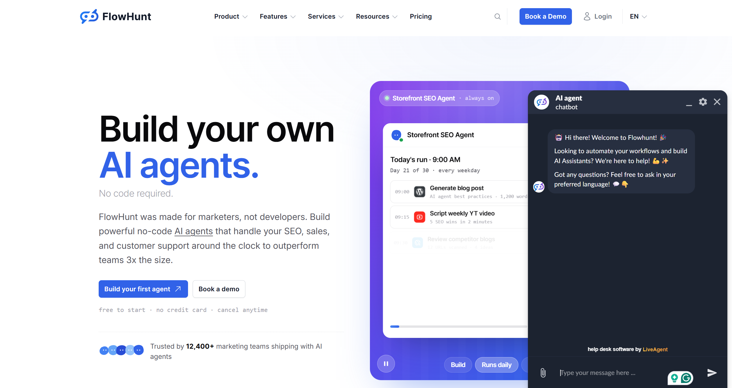 FlowHunt Customer Service Chatbot deployed with LiveAgent integration