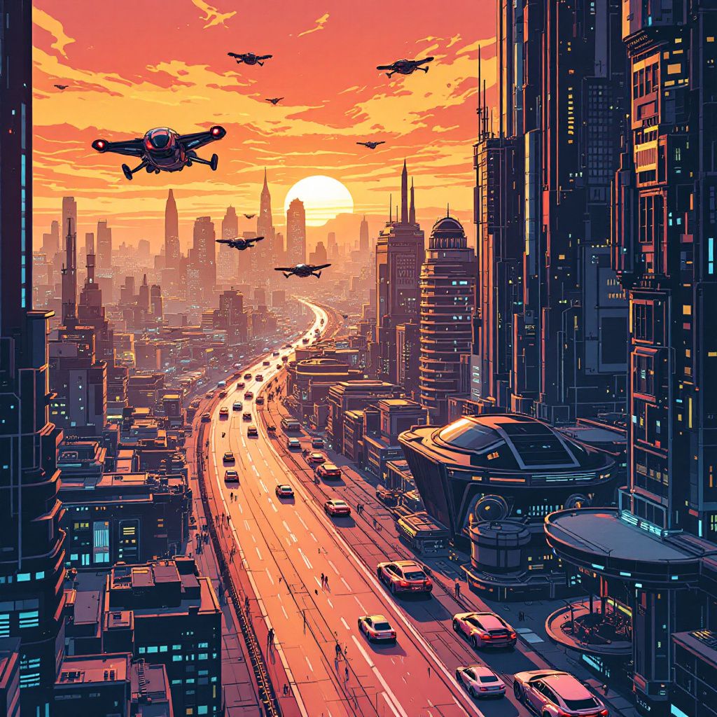 Een futuristisch stadsgezicht met vliegende auto’s bij zonsondergang, gegenereerd door Flux 1.1 Pro