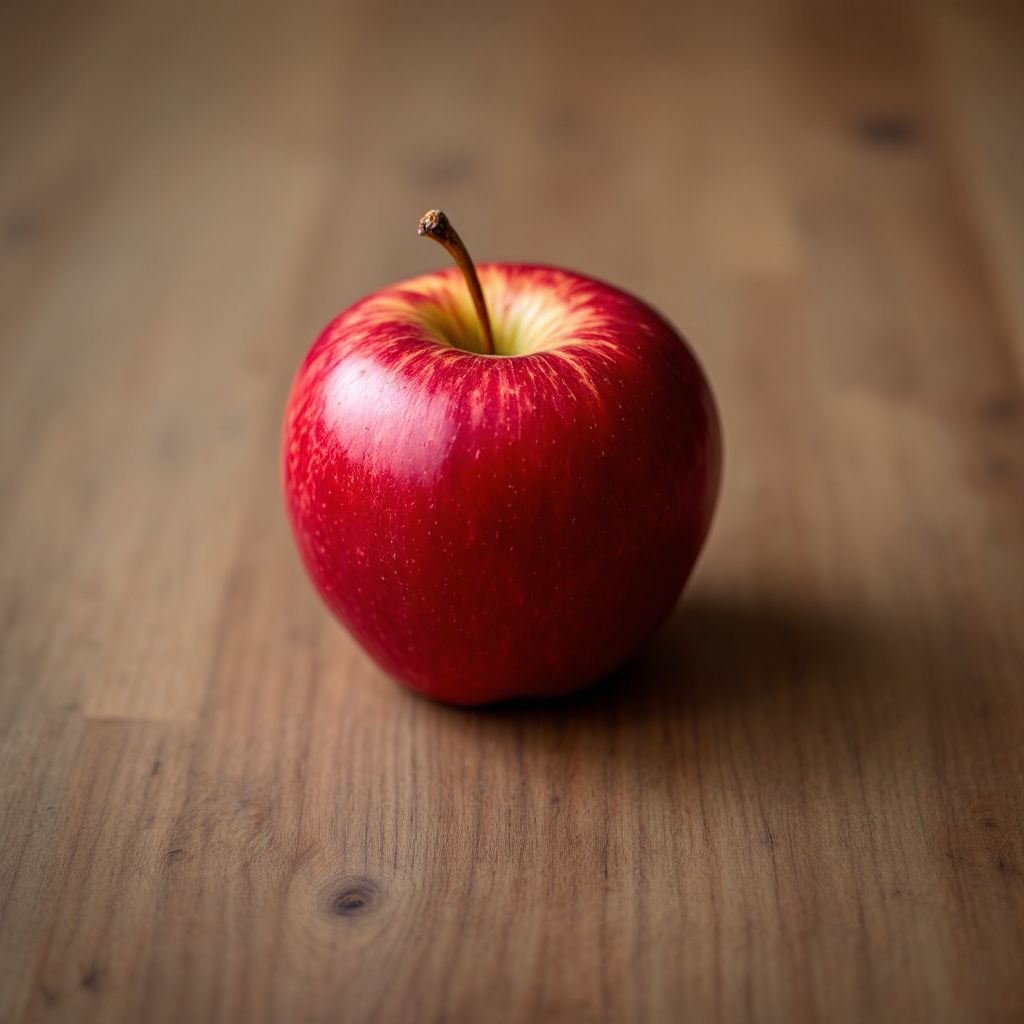 Een rode appel op een houten tafel gegenereerd door Flux 1.1 Pro
