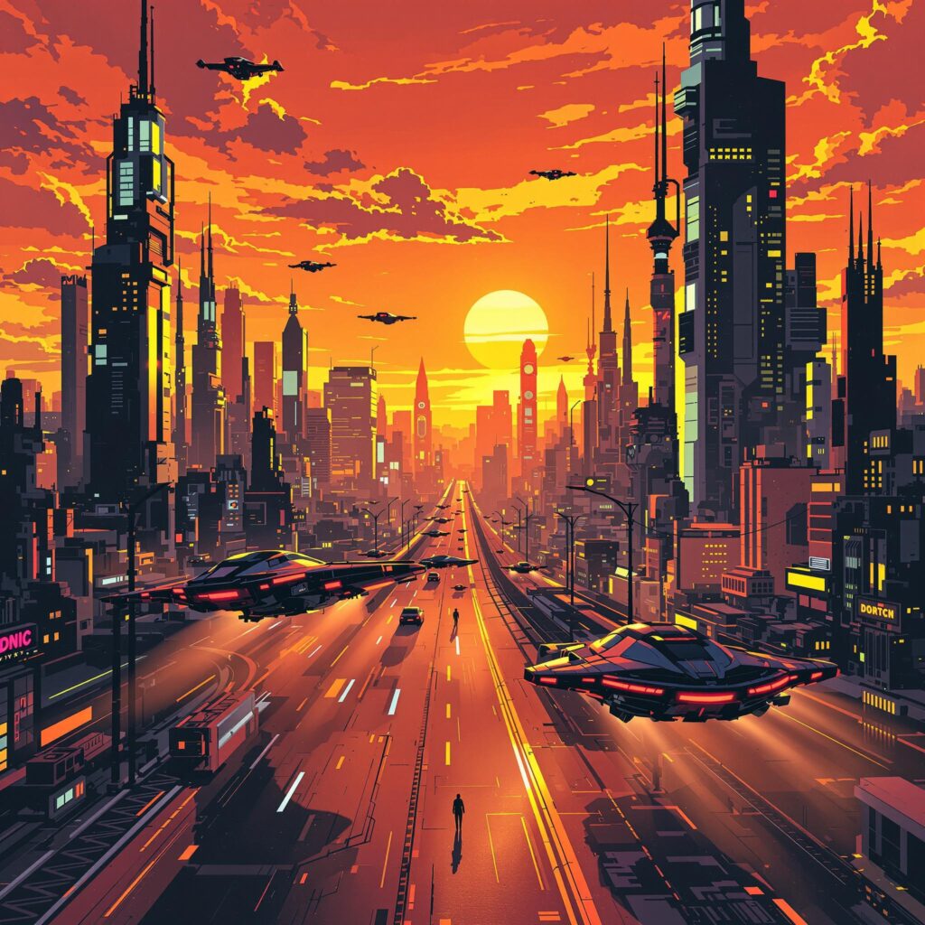 A futuristic cityscape with flying cars at sunset, in the style of a cyberpunk comic book generated by Flux 1.1 Pro Ultra